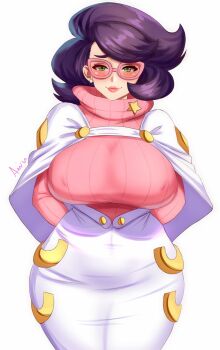 1girl anisdrawn arms_behind_back big_hair blush breasts buttons capelet earrings glasses green_eyes half-closed_eyes high-waist_skirt highres jewelry large_breasts long_sleeves mature_female medium_skirt nintendo pearl_earrings pencil_skirt pink-framed_eyewear pink_lips pink_sweater pokemon pokemon_sm purple_hair raised_eyebrows ribbed_sweater short_hair skirt solo sweater turtleneck turtleneck_sweater white_capelet white_skirt wicke_(pokemon)