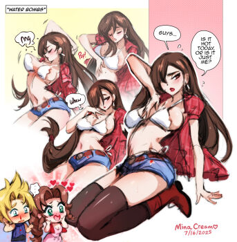 1boy 2girls aerith_gainsborough breasts brown_eyes brown_hair cloud_strife final_fantasy final_fantasy_vii highres large_breasts mina_cream multiple_girls navel short_shorts shorts tagme tifa_lockhart