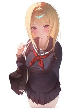 1girl ahoge akamatsu_kaede black_sailor_collar blonde_hair breasts commentary_request cowboy_shot danganronpa_(series) danganronpa_v3:_killing_harmony dodong-i hair_ornament highres large_breasts long_hair long_sleeves looking_at_viewer neckerchief official_alternate_costume pleated_skirt red_neckerchief saihara_shuichi sailor_collar shirt skirt