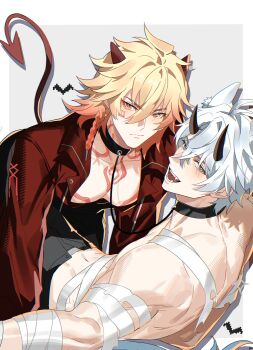 2boys absurdres alternate_costume antenna_hair bandaged_hand bandaged_torso bandages black_choker blonde_hair blue_eyes braid chest_tattoo choker commentary demon_boy demon_horns demon_tail english_commentary facial_tattoo gradient_hair halloween_costume highres honkai:_star_rail honkai_(series) horns jujeop male_focus medium_hair multicolored_hair multiple_boys mydei_(honkai:_star_rail) parted_bangs phainon_(honkai:_star_rail) red_hair red_tattoo short_hair side_braid simple_background tail tattoo white_background white_hair yaoi yellow_eyes