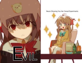 +_+ 2girls :d :| ahoge aqua_bow aqua_bowtie asymmetrical_legwear bandaid bandaid_on_knee bandaid_on_leg bear_hat black_cardigan blue_sailor_collar bow bowl bowtie broken_heart broken_heart_hair_ornament brown_hair brown_hat cardigan cereal cereal_box chair close-up closed_mouth collared_shirt comparison english_text evil_neuro-sama excited hair_ornament hair_ribbon hands_on_lap hat heart heart_hair_ornament highres juice light_blush long_hair looking_at_viewer multiple_girls neuro-sama nostrils nostyx_x off-shoulder_cardigan on_chair open_mouth orange_juice pepsi red_bow red_bowtie red_eyes red_ribbon ribbon sailor_collar serial_experiments_lain shaded_face shirt siblings simple_background sisters sitting sleeves_past_wrists smile socks sparkle split_screen spoon teeth thighhighs turtle twins two_side_up upper_teeth_only v-shaped_eyebrows vedal987 vedal_ai white_background white_shirt white_socks white_thighhighs