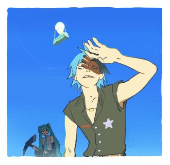 1boy 1girl arm_up belt black_shirt blank_eyes blue_hair blue_sky bus buttons collarbone collared_shirt crossover detached_sleeves fortnite gorillaz green_hair green_necktie hatsune_miku highres holding holding_pickaxe holding_weapon jewelry long_sleeves motor_vehicle necklace necktie open_collar open_mouth paii810 pickaxe shading_eyes shirt short_hair sky sleeveless star_(symbol) stuart_pot teeth twintails vocaloid weapon wing_collar