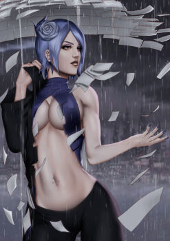 1girl angel breasts closed_mouth dress face_piercing hair_ornament highres konan_(naruto) labret_piercing large_breasts lip_piercing makeup naruto_(classic) naruto_(series) naruto_shippuuden navel ninja orange_eyes paper papyrokinesis piercing purple_hair rain short_hair solo splainter