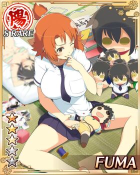 1girl asuka_(senran_kagura) bandages blue_necktie blue_skirt breasts brown_eyes card_(medium) dakimakura_(object) doll fuma_(senran_kagura) game_cg hair_ribbon hanzou_academy_school_uniform large_breasts medium_hair necktie non-web_source official_alternate_costume official_art one_eye_closed orange_hair photo_(object) pillow pleated_skirt ribbon scarf school_uniform senran_kagura senran_kagura_new_wave sewing skirt solo topknot white_ribbon yellow_scarf