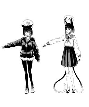 2girls animal_ear_fluff animal_ears blue_archive blush cat_ears cat_girl cat_tail closed_mouth commentary_request greyscale halo highres hood hood_down hooded_jacket jacket kazusa_(blue_archive) kikyou_(blue_archive) kneehighs long_sleeves miniskirt monochrome multiple_girls multiple_tails neckerchief outstretched_arm pantyhose pleated_skirt puffy_long_sleeves puffy_sleeves sailor_collar sandals school_uniform serafuku shirt shoes simple_background skirt sleeves_past_wrists socks standing suecovsky tabi tail two_tails white_background zouri