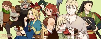 4boys 4girls armor axe battle_axe beard black_hair black_pants blonde_hair blue_robe braid bread bright_pupils brown_hair chilchuck_tims choker collarbone commentary_request dungeon_meshi facial_hair falin_touden fingerless_gloves food gloves goshiko86g green_background green_eyes grin hair_between_eyes helmet highres holding holding_sword holding_weapon izutsumi japanese_armor japanese_clothes laios_touden marcille_donato multiple_boys multiple_girls mustache namari_(dungeon_meshi) pants pointy_ears ponytail red_hair robe senshi_(dungeon_meshi) shoulder_armor shurou smile sode steak sword utensil_in_mouth weapon white_pupils