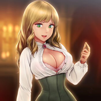1girl blonde_hair bra breasts cleavage cleavage_cutout clothing_cutout commentary_request green_eyes green_hair highres horiishi_horuto large_breasts looking_at_viewer original puffy_sleeves revision signature smile solo underwear