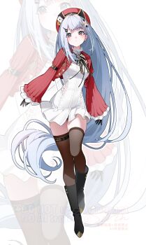 1girl black_boots black_gloves black_thighhighs boots cardigan commentary_request dress expressionless freesia_(stella_sora) freesia_(the_gift_of_falling_snow)_(stella_sora) full_body gloves grey_hair hat highres knee_boots long_hair long_sleeves looking_at_viewer official_alternate_costume open_cardigan open_clothes red_cardigan red_eyes red_hat sirin_(sirin_8_8) solo stella_sora thigh_gap thighhighs thighs white_dress zoom_layer