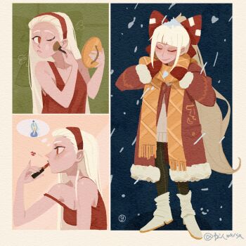 2girls absurdres alternate_costume applying_lipstick applying_makeup applying_own_makeup black_pants boots bow cat chinese_commentary coat commentary_request fujiwara_no_mokou fur-trimmed_coat fur_trim gloves grmarsa hair_bow hair_ribbon highres kamishirasawa_keine lipstick long_hair long_sleeves makeup multiple_girls multiple_views neckerchief pants red_eyes ribbon smile snow speech_bubble spoken_character sweater thought_bubble touhou very_long_hair white_boots white_hair
