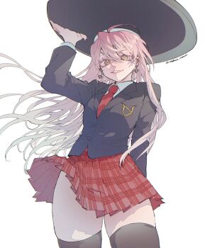 absurdres black_hat black_shirt black_thighhighs breasts earrings gina_(undead_unluck) hat heart heart_earrings highres jewelry mukai_nemui necktie pink_hair red_necktie red_skirt shirt skirt small_breasts smile thick_thighs thighhighs thighs undead_unluck union_emblem_(undead_unluck) white_background white_shirt yellow_eyes