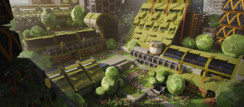 Rule 34 | absurdres, city, commentary, english commentary, felixriano, flock, grass, highres, landscape, light rays, original, outdoors, painterly, people, robot, scenery, science fiction, solarpunk, tower