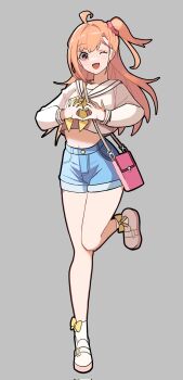 Rule 34 | 1girl, ;d, ahoge, bag, blue shorts, bow, bow legwear, bowtie, commentary, corrupted twitter file, grey background, hair ornament, hair scrunchie, handbag, heart, heart hands, highres, ikizulive! love live! bluebird, leg up, loafers, looking at viewer, love live!, midriff, navel, one eye closed, one side up, open mouth, orange hair, pink bag, pink scrunchie, sailor collar, sailor shirt, scrunchie, shirt, shoes, short shorts, shorts, simple background, smile, socks, solo, standing, standing on one leg, symbol-only commentary, takahashi polka, takamichika35, white sailor collar, white shirt, white shoes, white socks, yellow bow, yellow bowtie