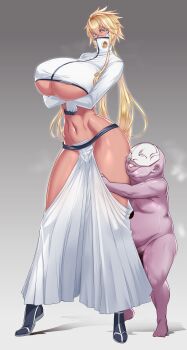 1boy 1girl 2024 arms_under_breasts bleach blonde_hair breasts colored_eyelashes colored_skin cropped_jacket crossed_arms dark-skinned_female dark_skin espada full_body green_eyes height_difference hollow_(bleach) hollow_hole hollow_mask large_breasts long_hair propellercube purple_skin simple_background tier_harribel underboob