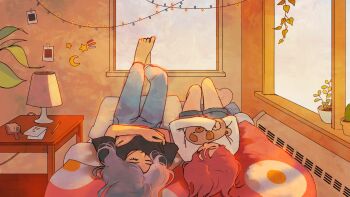 2girls angela_he barefoot bedroom black_shirt day denim denim_shorts fairy_lights feet_up full_body grey_hair highres hugging_object indoors jeans lamp long_hair looking_at_another lying missed_messages multiple_girls non-web_source official_art on_back pants pink_hair plant potted_plant shirt shorts t-shirt talking transparent_background variant_set white_shirt window_light