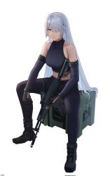 Rule 34 | 1girl, absurdres, ak-15, ak-15 (girls&#039; frontline), assault rifle, black footwear, black gloves, black pants, boots, breasts, closed mouth, cozie178, crate, expressionless, full body, girls&#039; frontline, gloves, grey hair, gun, hair over one eye, highres, holding, holding gun, holding weapon, kalashnikov rifle, long hair, looking at viewer, pants, purple eyes, rifle, simple background, sitting, solo, weapon, white background