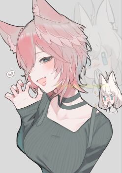animal_ears black_choker blue_eyes blush breasts cat_ears choker claw_pose fang fingernails head_wings heart highres hololive large_breasts long_sleeves looking_at_viewer one_eye_covered pink_hair pink_nails short_hair smile takane_lui virtual_youtuber wings yamagamiamami
