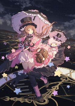 1girl absurdres animal_ears arknights black_gloves black_hat bloomers brown_hair eyjafjalla_(arknights) eyjafjalla_(fluffy_little_witch)_(arknights) frilled_umbrella frills full_body gloves hat highres holding holding_umbrella horns long_hair looking_to_the_side open_mouth outdoors red_eyes sheep sheep_ears sheep_girl sheep_horns solo star_(symbol) top_hat umbrella underwear white_bloomers xiamianhaiya