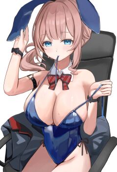 Rule 34 | 1girl, animal ears, armlet, blue eyes, blue leotard, blunt bangs, blush, bow, bowtie, breasts, brown hair, chair, cleavage, closed mouth, collar, covered navel, detached collar, highres, jewelry, large breasts, leotard, long hair, looking at viewer, mochizuki honami, pink hair, playboy bunny, project sekai, rabbit ears, side ponytail, sitting, solo, sweat, sweatdrop, usagi melon3, wrist cuffs