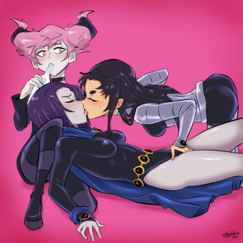 alcohol ass bare_legs black_leotard blackfire blush breasts cape cloak closed_eyes colored_skin dc_comics fingering french_kiss grey_skin hair_horns highres jinx_(dc) kiss lap_pillow leotard multicolored_legwear pale_skin pantyhose pink_background pink_hair purple_cloak purple_hair raven_(dc) sleeved_leotard striped_clothes striped_pantyhose superhero_costume sytokun teen_titans yuri