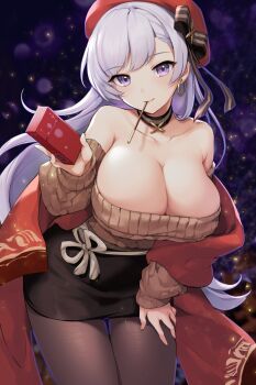 1girl azur_lane bad_id bad_twitter_id bare_shoulders belfast_(azur_lane) belfast_(shopping_with_the_head_maid)_(azur_lane) beret black_bow black_choker black_skirt blush bow box breasts brown_pantyhose brown_sweater choker cleavage collarbone commentary_request cowboy_shot earrings female_focus food gomashio_ponz hand_up hat hat_bow head_tilt highres holding holding_box hoop_earrings jewelry large_breasts leaning_forward light_particles long_hair long_sleeves looking_at_viewer miniskirt mouth_hold off-shoulder_sweater off_shoulder pantyhose pencil_skirt pocky purple_eyes red_hat sash shawl silver_hair skirt smile solo standing sweater thighs very_long_hair white_sash