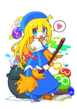 Rule 34 | 1boy, 1girl, absurdres, blonde hair, blue eyes, blue shoes, blush stickers, broom, cauldron, commentary, crying, crying with eyes open, grey hair, hair between eyes, heart, high heels, highres, holding, holding broom, in cauldron, index finger raised, korean commentary, long sleeves, looking at viewer, offbeat, open mouth, puyo (puyopuyo), puyopuyo, schezo wegey, shoes, simple background, smile, speech bubble, spoken heart, tears, white background, witch (puyopuyo)