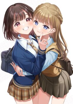 2girls absurdres bag blonde_hair blue_cardigan blue_eyes brown_eyes brown_hair brown_necktie brown_skirt brown_sweater_vest cardigan character_request check_commentary commentary_request copyright_request highres hug long_hair looking_at_viewer matsuzaki_miyuki multiple_girls necktie plaid_clothes plaid_skirt pleated_skirt school_uniform shirt short_hair shoulder_bag simple_background skirt smile sweater_vest white_background white_shirt