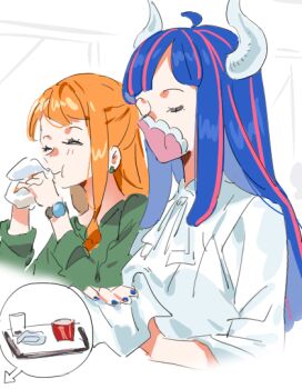 2girls arrow_(symbol) blue_hair blue_nails burger closed_eyes closed_mouth commentary earrings eating food green_shirt horns jewelry light_blush long_hair long_sleeves mask mouth_mask multiple_girls nami_(one_piece) one_piece orange_hair raine_(acke2445) shirt symbol-only_commentary ulti_(one_piece) upper_body white_shirt