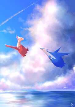 claws closed_eyes cloud dragon flying full_body gen_3_pokemon highres latias latios legendary_pokemon natu_a0z0ra nintendo no_humans ocean open_mouth outdoors pokemon pokemon_(creature) pokemon_focus red_eyes sky smile water yellow_eyes