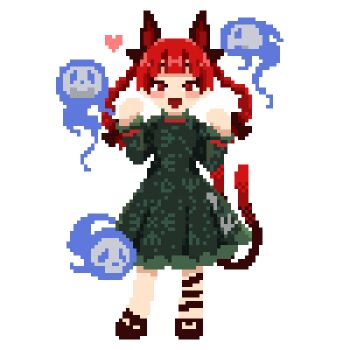 1girl :d animal_ears black_ribbon braid cat_ears cat_girl cat_tail commentary_request dress extra_ears full_body green_dress heart hitodama kaenbyou_rin leg_ribbon long_hair long_sleeves looking_at_viewer multiple_tails nokisakifuurin open_mouth outline pixel_art red_eyes red_hair ribbon side_braids simple_background skull smile solo tail touhou twin_braids two_tails variant_set white_background