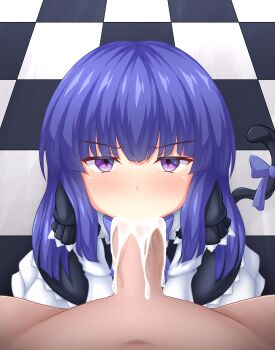 1girl absurdres between_legs black_dress black_fur blue_bow blue_bowtie blue_hair blunt_bangs blush bow bowtie cat_girl cat_tail censored checkered_background checkered_floor clothed_female_nude_male completely_nude cum cum_in_mouth dress expressionless fellatio frederica_bernkastel frilled_dress frills from_above gothic_lolita highres hime_cut loli lolita_fashion long_hair looking_up mosaic_censoring navel nude on_floor oral penis pov pov_crotch puffy_sleeves purple_eyes sidelocks sitting sonicphu tail tail_bow tail_ornament umineko_no_naku_koro_ni variant_set wide_sleeves
