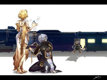 1boy 2girls aglaea_(honkai:_star_rail) astral_express_(honkai:_star_rail) black_coat blonde_hair caelus_(honkai:_star_rail) cipher_(honkai:_star_rail) coat full_body grey_hair highres honkai:_star_rail honkai_(series) hood hooded_coat medium_hair multiple_girls simple_background trailblazer_(honkai:_star_rail) train white_background yuka_(pixiv38407039)