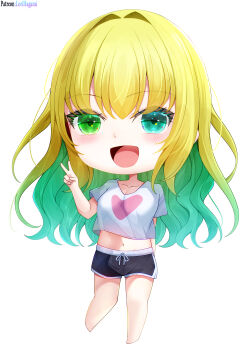 Rule 34 | 1girl, :d, absurdres, arm behind back, artist name, barefoot, black shorts, blonde hair, blue eyes, blush, breasts, chibi, collarbone, crop top, dolphin shorts, feet, full body, gradient hair, green eyes, green hair, hair intakes, hand up, heart, heart print, heterochromia, highres, long hair, looking at viewer, lori hagami, medium breasts, midriff, multicolored hair, navel, open mouth, original, shirt, short shorts, short sleeves, shorts, simple background, smile, solo, standing, transparent background, two-tone hair, v, virtual youtuber, white background, white shirt
