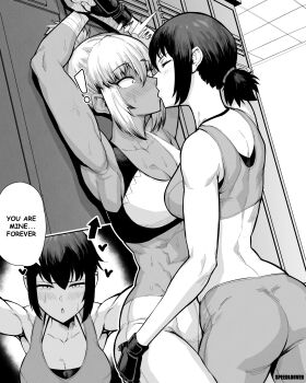 ! 2girls ^^^ absurdres arm_wrap armpits arms_up arrow_(symbol) artist_name ass assertive_female blush breasts closed_eyes commentary constricted_pupils cowboy_shot dark-skinned_female dark_skin english_commentary english_text fingerless_gloves gloves greyscale hair_between_eyes hand_on_another&#039;s_thigh heart highres indoors kiss large_breasts locker locker_room monochrome multiple_girls multiple_views original pants ponytail revision short_ponytail sidelocks speech_bubble speedl00ver sports_bra standing surprise_kiss surprised sweat tomboy toned toned_female topknot wide-eyed yoga_pants yuri