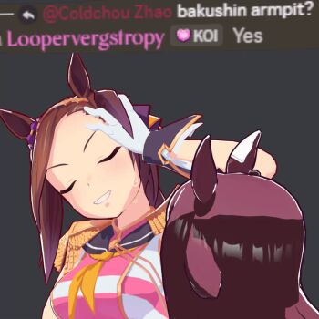 Rule 34 | 2girls, 3d, animated, animated gif, armpit focus, armpits, brown hair, character request, closed eyes, coolchouzhao, discord, gloves, hand in own hair, licking, licking armpit, looping animation, multiple girls, sakura bakushin o (blossom in learning) (umamusume), sakura bakushin o (umamusume), short hair, simple background, smile, sweat, sweatdrop, tag, tagme, umamusume, white gloves