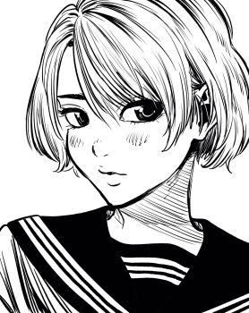 Rule 34 | 1girl, commentary, eyebrows hidden by hair, eyelashes, hatching (texture), highres, lee (dragon garou), light blush, linear hatching, lips, monochrome, original, portrait, school uniform, serafuku, short hair, sketch, solo