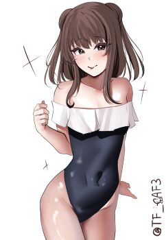 1girl :p absurdres black_one-piece_swimsuit blush brown_eyes brown_hair collarbone covered_navel cowboy_shot double_bun frilled_one-piece_swimsuit frills hair_bun hashtag-only_commentary highres kantai_collection long_hair naka_(kancolle) one-hour_drawing_challenge one-piece_swimsuit simple_background smile solo standing strapless strapless_one-piece_swimsuit swimsuit tf_cafe tongue tongue_out twitter_username two_side_up white_background