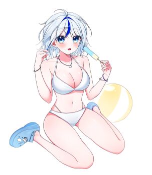1girl ahoge aokumo_rin ball beachball bikini blue_eyes blue_shoes blush breasts cloud_hair_ornament commentary_request crocs food full_body hair_intakes hands_up highres holding holding_food holding_popsicle jewelry korean_commentary large_breasts maengowl multicolored_hair navel necklace open_mouth popsicle shoes simple_background sitting solo stellive stomach streaked_hair swimsuit virtual_youtuber wariza white_background white_bikini