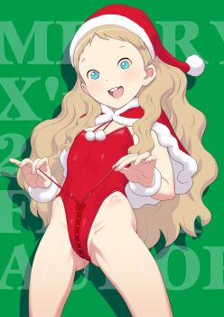 1girl aurore blonde_hair blue_eyes blush copyright_request flat_chest hat highres leotard loli long_hair open_mouth santa_claus smile standing string takatou_sora undressing very_long_hair