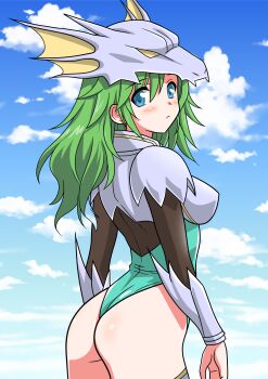 1girl absurdres armor ass blue_eyes blue_sky breasts cloud cowboy_shot dragoon_(final_fantasy) final_fantasy final_fantasy_iv from_behind gauntlets green_hair helmet highleg highleg_leotard highres leotard long_hair looking_at_viewer looking_back medium_breasts multicolored_leotard rydia_(ff4) shoulder_armor skull_on_head sky solo thong_leotard yuuyuu_(3jjbn)