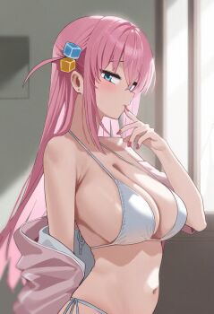 1girl artist_request bikini blue_eyes blush bocchi_the_rock! breasts cleavage clothes_pull finger_to_mouth gotoh_hitori half-closed_eyes highres jacket jacket_pull large_breasts long_hair looking_at_viewer navel open_clothes open_jacket pink_hair red_nails seductive_gaze side-tie_bikini_bottom sideboob silver_bikini source_request swimsuit