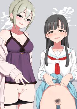 2girls arm_at_side text_background bare_shoulders black_eyes black_hair black_panties blouse blue_skirt blunt_bangs blush breasts camisole cardigan cleavage clothes_lift collarbone commentary_request cowboy_shot female_pubic_hair grey_background grey_eyes grey_hair groin hair_between_eyes highres idolmaster idolmaster_cinderella_girls kobayakawa_sae large_breasts lifting_own_clothes long_hair long_sleeves looking_at_viewer minakamirin multiple_girls neckerchief no_panties no_pants off_shoulder open_cardigan open_clothes panties panty_pull parted_lips pink_cardigan pubic_hair purple_camisole pussy raised_eyebrows red_neckerchief sailor_collar school_uniform serafuku shiomi_syuko shirt short_hair sidelocks skirt skirt_lift sleeves_past_wrists smile sparse_pubic_hair standing sweat translation_request uncensored underwear v white_sailor_collar white_shirt