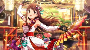 1girl arm_up black_gloves bow brown_eyes brown_hair commentary_request dress floating_hair floral_print game_cg gloves hair_bow hand_fan holding holding_fan idolmaster idolmaster_million_live! idolmaster_million_live!_theater_days lantern lens_flare long_hair official_alternate_costume official_art paper_fan paper_lantern print_dress screen solo stage standing tanaka_kotoha third-party_source white_dress