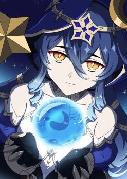 1girl bare_shoulders black_gloves blue_hair blue_hood blue_sleeves bracelet circlet commentary_request detached_sleeves drill_hair drill_sidelocks expressionless genshin_impact gloves gold_collar highres hood hood_up jewelry layla_(genshin_impact) long_hair looking_at_viewer orb pointy_ears sidelocks solo upper_body yellow_eyes yuu_xx_o5