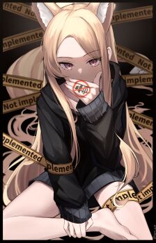 1girl absurdres alternate_costume animal_ear_fluff animal_ears bare_legs barefoot black_background black_hoodie blonde_hair blue_archive bow casual caution_tape commentary_request covered_mouth covering_own_mouth english_text feet fingernails foot_out_of_frame fox_ears fox_girl fox_tail hair_spread_out hand_over_own_mouth hand_up highres hood hood_down hoodie huge_filesize loli long_hair long_sleeves looking_at_viewer mute mute_speaker_sign oiru_(613) pink_eyes seia_(blue_archive) sitting sleeves_past_wrists solo tail tail_bow tail_ornament thighs toes very_long_hair wrapped_up