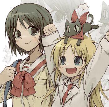 2girls :d animal animal_on_head arms_up aseupilin666 black_cat black_eyes black_hair blonde_hair blue_eyes bow bowtie cat cat_on_head height_difference lab_coat lapels long_hair long_sleeves multiple_girls necktie nichijou on_head open_mouth professor_shinonome red_bow red_necktie sailor_collar sailor_shirt sakamoto_(nichijou) school_uniform shinonome_nano shirt short_hair simple_background smile tareme tokisadame_school_uniform yellow_shirt zoom_layer