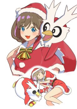 1girl bare_legs bell belt bird black_belt blue_eyes box brown_hair capelet christmas commentary delibird dress fur-trimmed_capelet fur_trim gen_2_pokemon gift gift_box hat highres looking_at_viewer love_live! love_live!_superstar!! nintendo open_mouth orange-pengin pokemon pokemon_(creature) pokemon_gsc pom_pom_(clothes) santa_costume santa_hat short_hair simple_background sleeping smile symbol-only_commentary tang_keke upper_body white_background