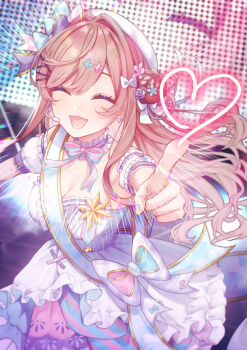 1girl :3 absurdres aqua_bow aqua_bowtie aqua_nails aqua_skirt beret blush bow bow_earrings bowtie braid braided_bun breasts brown_hair cleavage closed_eyes collar detached_sleeves dress earrings fingernails flower frilled_collar frilled_dress frilled_sleeves frills hair_bow hair_bun hair_flower hair_intakes hair_ornament hairclip hat heart highres jewelry large_breasts long_hair microphone nail_polish nian_(jillmaple) nijisanji open_mouth pink_bow pink_bowtie pink_flower pink_skirt purple_bow purple_flower short_sleeves single_side_bun skirt smile solo stage striped_clothes striped_skirt suzuhara_lulu suzuhara_lulu_(3rd_costume) teeth two-tone_bow two-tone_skirt virtual_youtuber white_bow white_collar white_dress white_hat white_sleeves