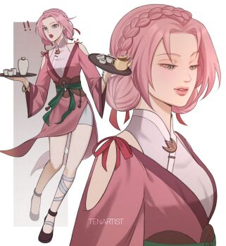 Rule 34 | !, !!, 1girl, artist name, bandaged leg, bandages, bike shorts, bracelet, braid, brown background, brown shoes, clothing cutout, commentary, crown braid, double bun, earrings, english commentary, eyelashes, full body, gold bracelet, gradient background, green eyes, green ribbon, hair bun, hair ribbon, haruno sakura, highres, holding, holding tray, japanese clothes, jewelry, kimono, looking at viewer, looking down, mandarin collar, multiple views, naruto (series), obi, official alternate costume, official alternate hairstyle, open mouth, parted bangs, pelvic curtain, pink hair, pink kimono, pink trim, rectangle, red ribbon, ribbon, sash, shirt, shirt under kimono, shoes, shorts, shoulder cutout, stud earrings, surprised, tassel, tea set, teeth, tenartistt, tray, tripping, upper body, upper teeth only, very low bun, waist ribbon, white background, white shirt, white shorts