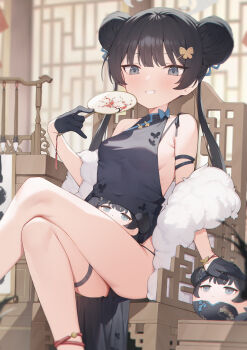 Rule 34 | 1girl, absurdres, black dress, black hair, blue archive, blue ribbon, blurry, blurry background, blush, butterfly hair ornament, chair, character doll, china dress, chinese clothes, chinese commentary, commentary request, crossed legs, doll, double bun, dress, grey eyes, grin, hair bun, hair ornament, hair ribbon, highres, indoors, kisaki (blue archive), long hair, looking at viewer, ribbon, sidelocks, sitting, smile, solo, teeth, thigh strap, thighs, toki (1243309499), twintails