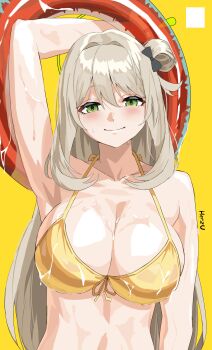 absurdres arm_up armpits artist_name bikini black_bow blue_archive blush bow breasts brown_hair collarbone commentary english_commentary front-tie_bikini_top front-tie_top green_eyes hair_bow hair_rings halo halterneck herzu highres holding holding_swim_ring innertube large_breasts long_hair looking_at_viewer nonomi_(blue_archive) nonomi_(swimsuit)_(blue_archive) signature simple_background smile string_bikini swim_ring swimsuit upper_body very_long_hair yellow_background yellow_bikini